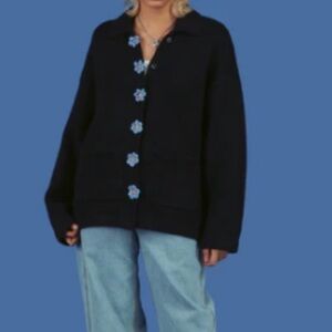 UNIF Black Cardigan with Blue Floral Accents